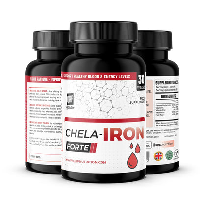 Three bottles of Chela-Iron Forte supplement on a white background mockup