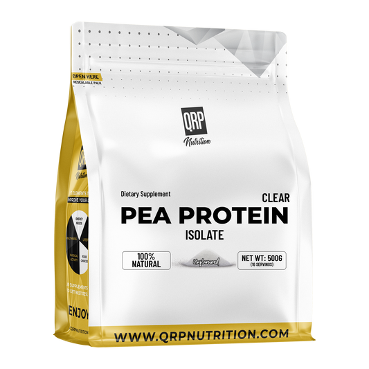 Bag of QRP Nutrition Pea Protein Isolate on a white background mockup