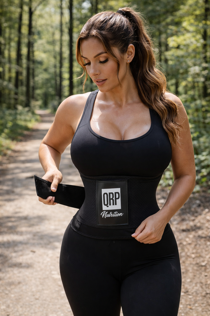Woman wearing a black waist trainer with 'QRP Nutrition' branding in a forest setting
