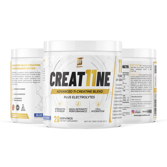Three containers of QRP Nutrition Creatine supplement on a white background