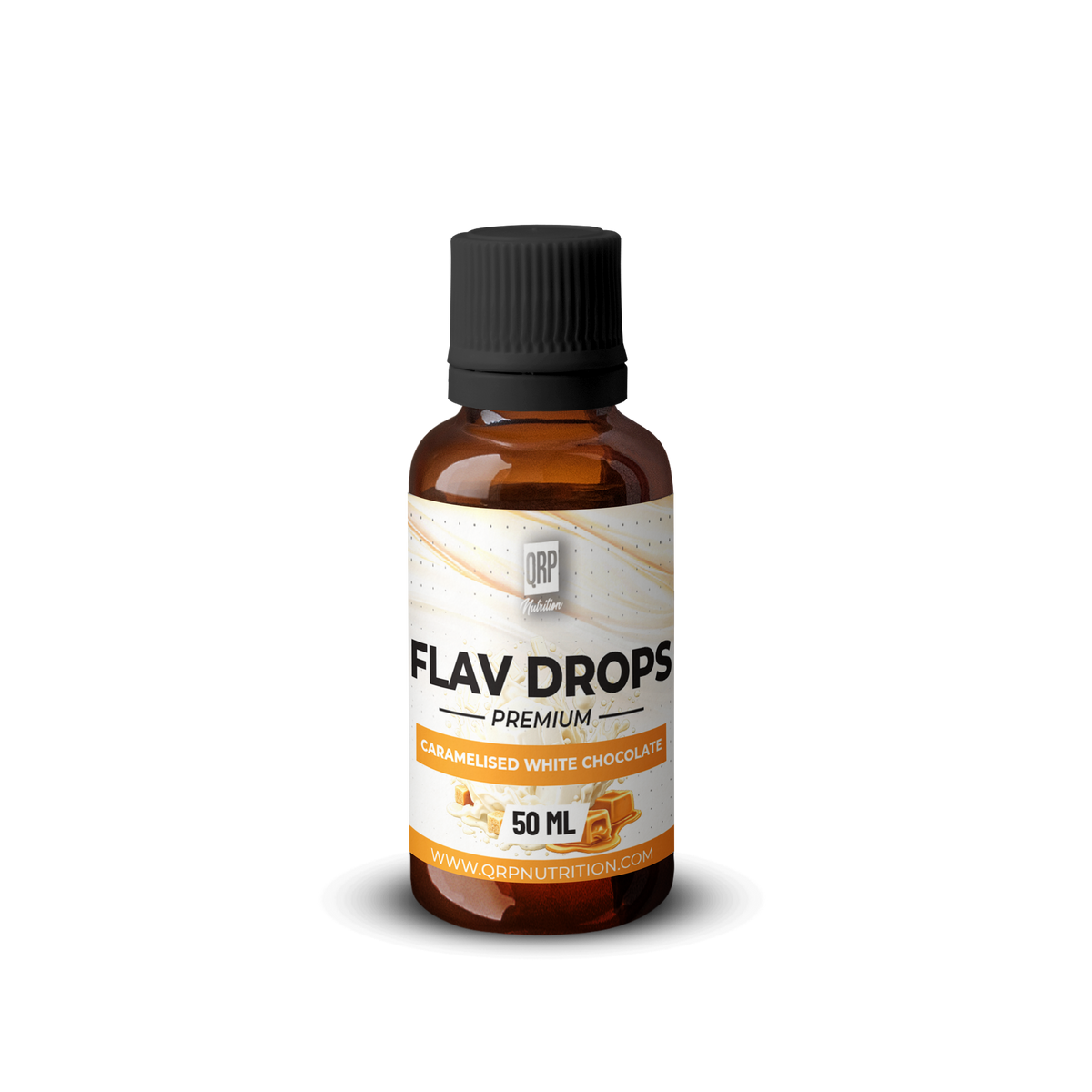 Bottle of Flav Drops caramelized white chocolate flavor on a white background