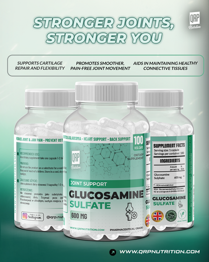 Three bottles of glucosamine sulfate supplement with QRP Nutrition branding on a green background.