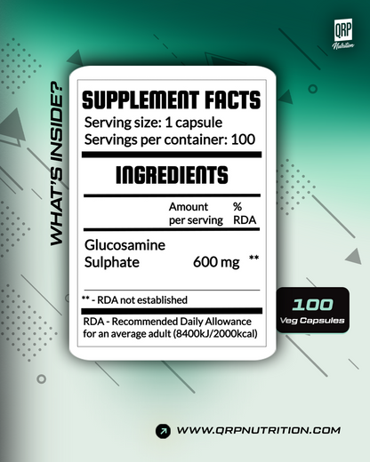 Supplement facts label for glucosamine sulphate capsules with QRP Nutrition branding.