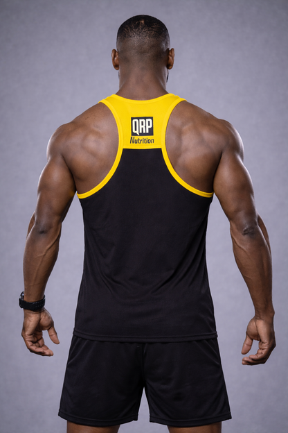 qrp nutrition muscular man wearing black and yellow gym vest NOT HERE TO TALK back