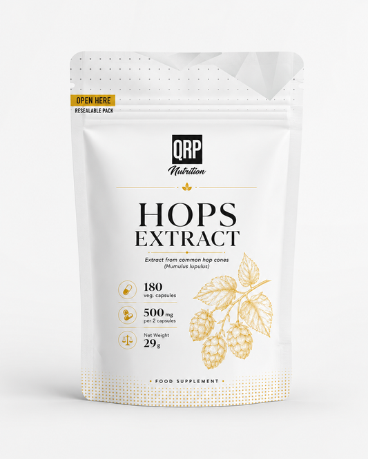 A white stand-up pouch of QRP Nutrition Hops Extract food supplement, featuring black text and gold hop illustrations on a clean white background.
