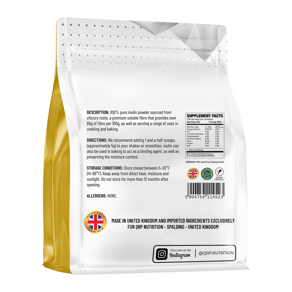 Back view of a supplement package with text and branding on a white background