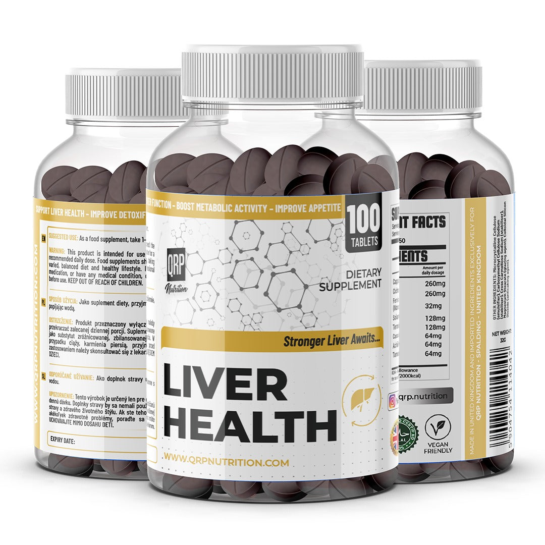 qrp nutrition Three bottles of liver health supplements on a white background