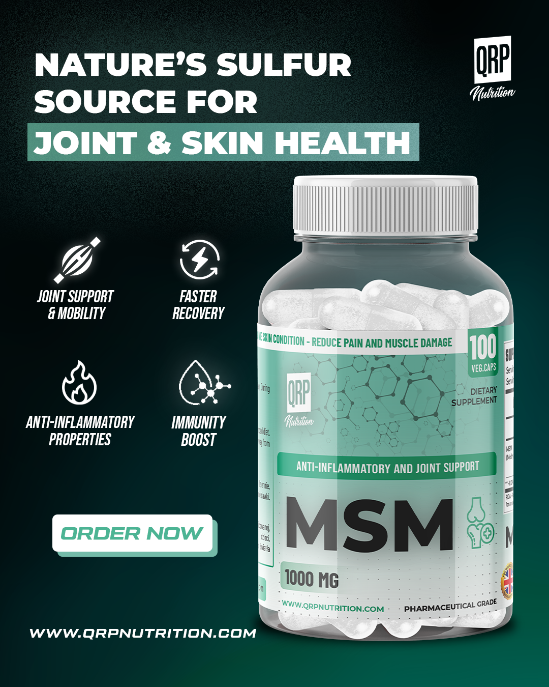Bottle of MSM supplement with health benefits on a dark background
