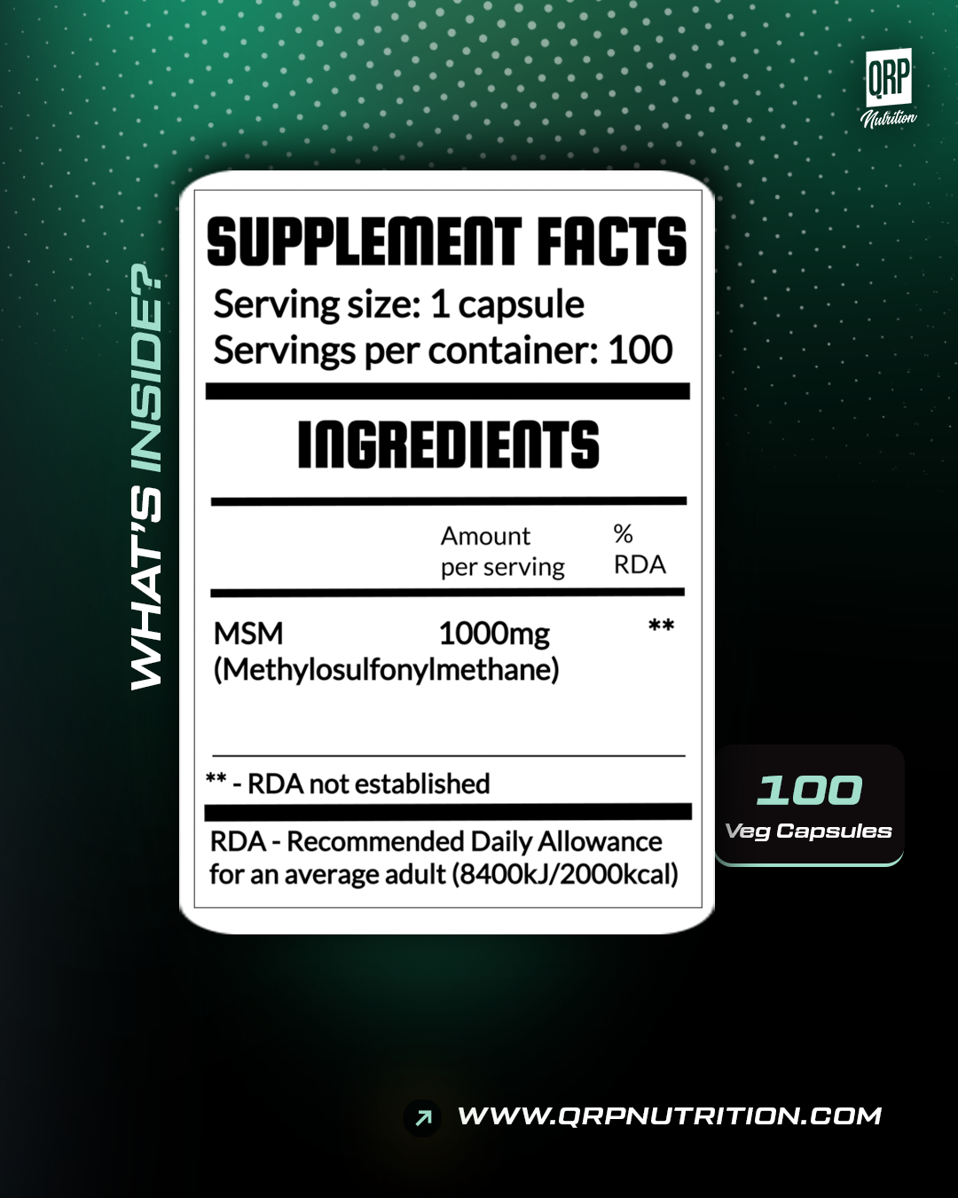 Supplement facts label for MSM capsules with QRP Nutrition branding.