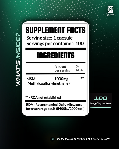 Supplement facts label for MSM capsules with QRP Nutrition branding.