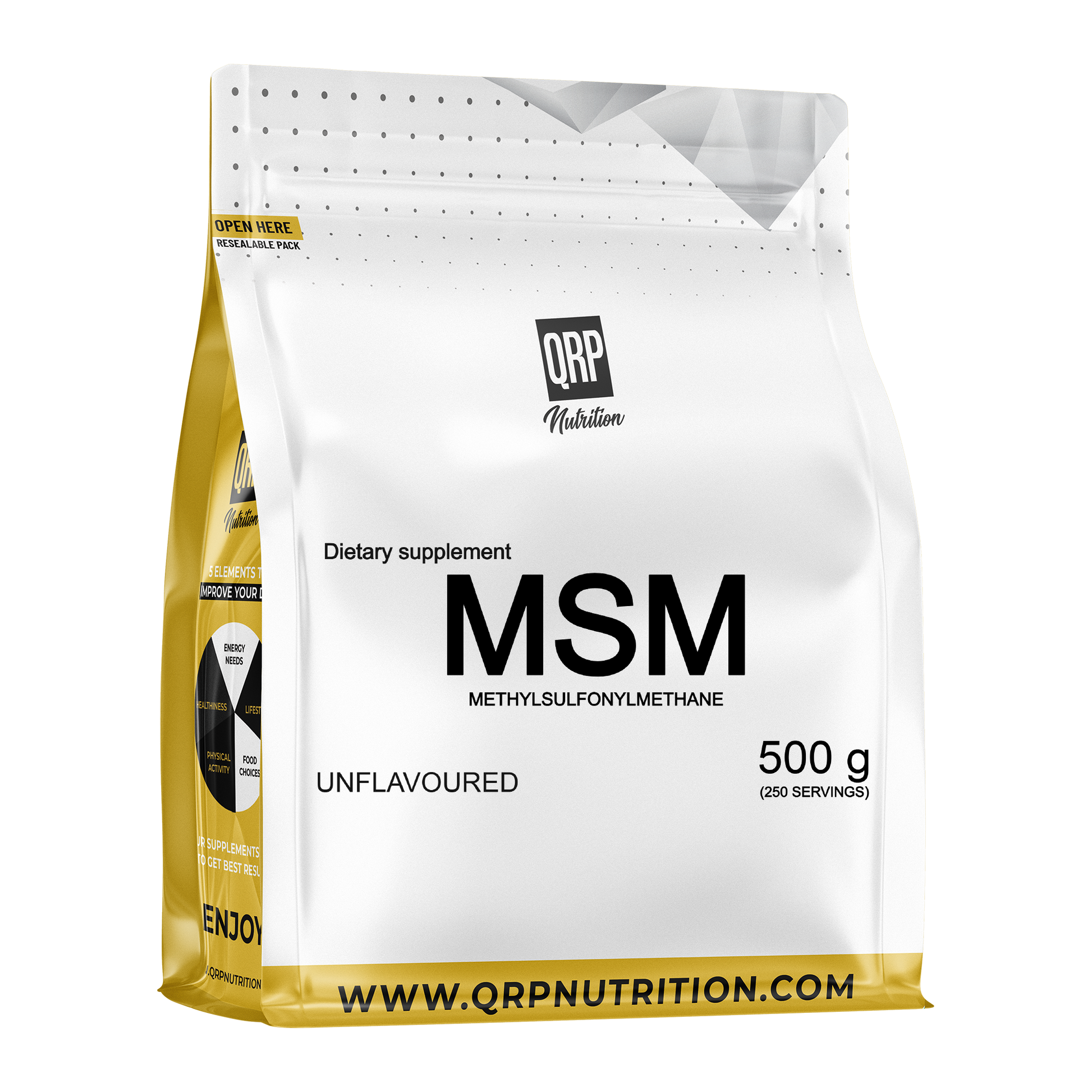 Bag of QRP Nutrition MSM dietary supplement on a white background