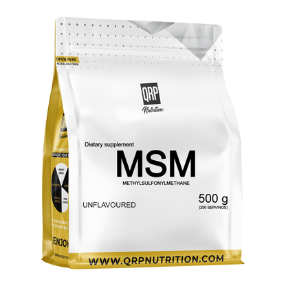 Bag of QRP Nutrition MSM dietary supplement on a white background