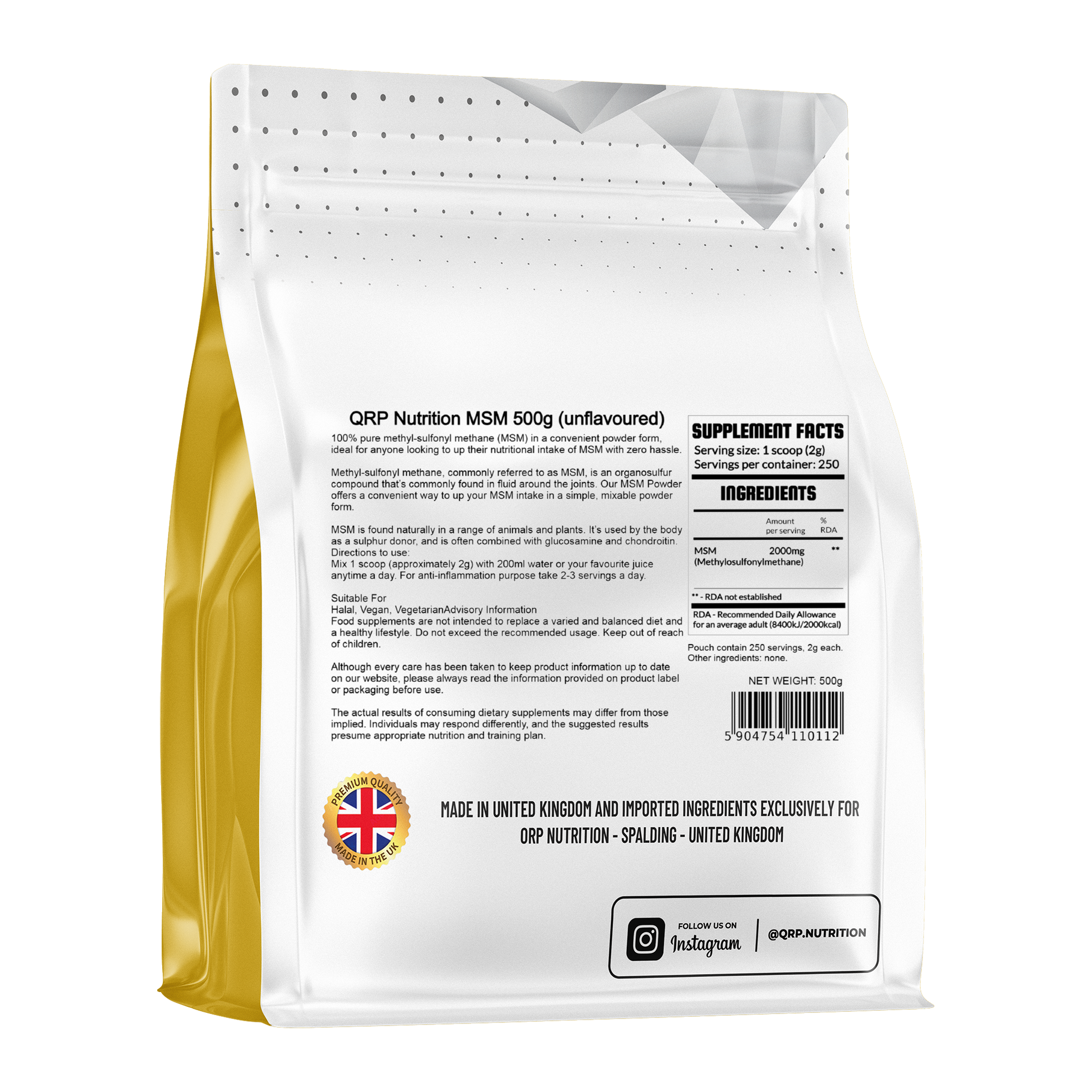Back view of a QRP Nutrition MSM supplement package on a white background