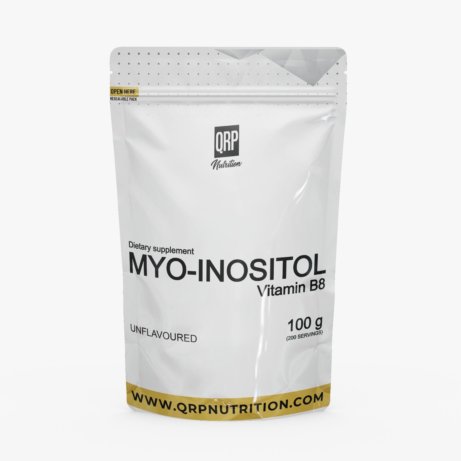 White supplement package with black text and QRP Nutrition branding on a white background