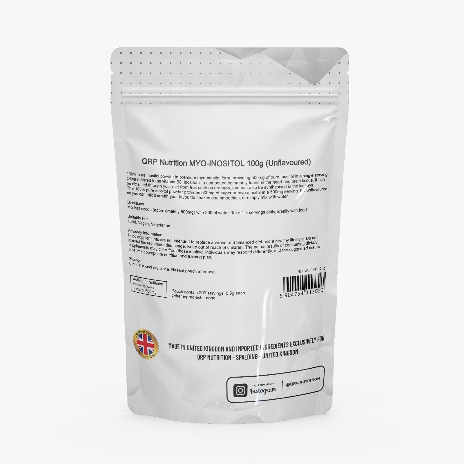 White supplement package with text and branding on a white background