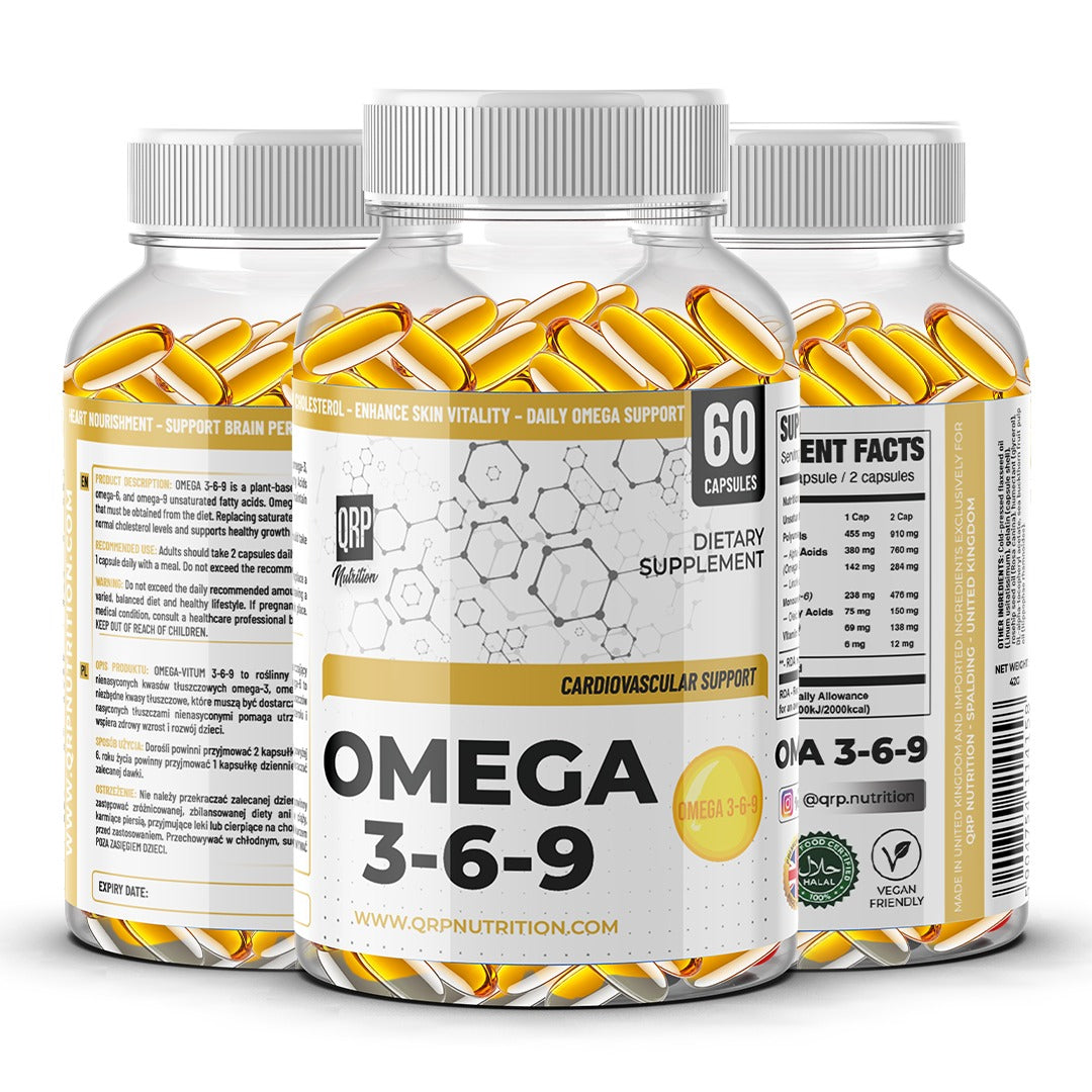 Three bottles of Omega 3-6-9 dietary supplements on a white background