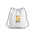 White drawstring bag with QRP Nutrition logo on a white background
