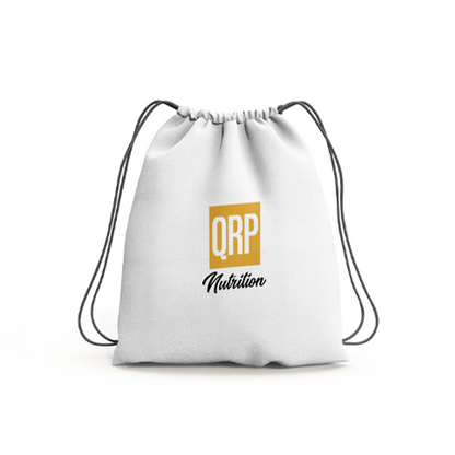 White drawstring bag with QRP Nutrition logo on a white background
