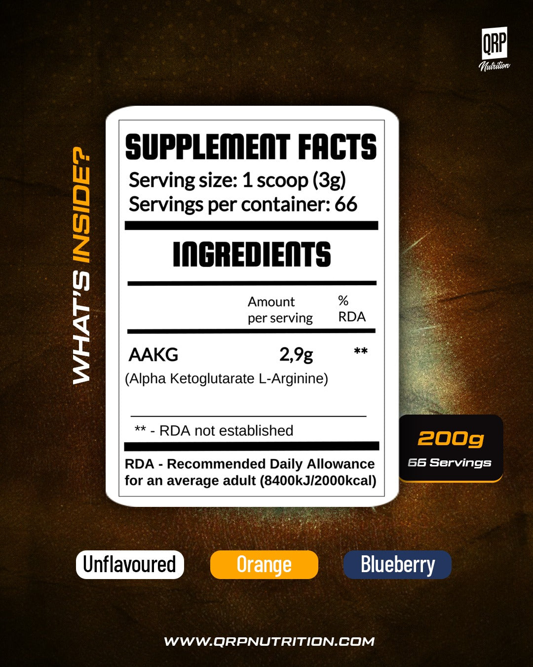 Supplement facts label with ingredients and nutritional information on a dark background
