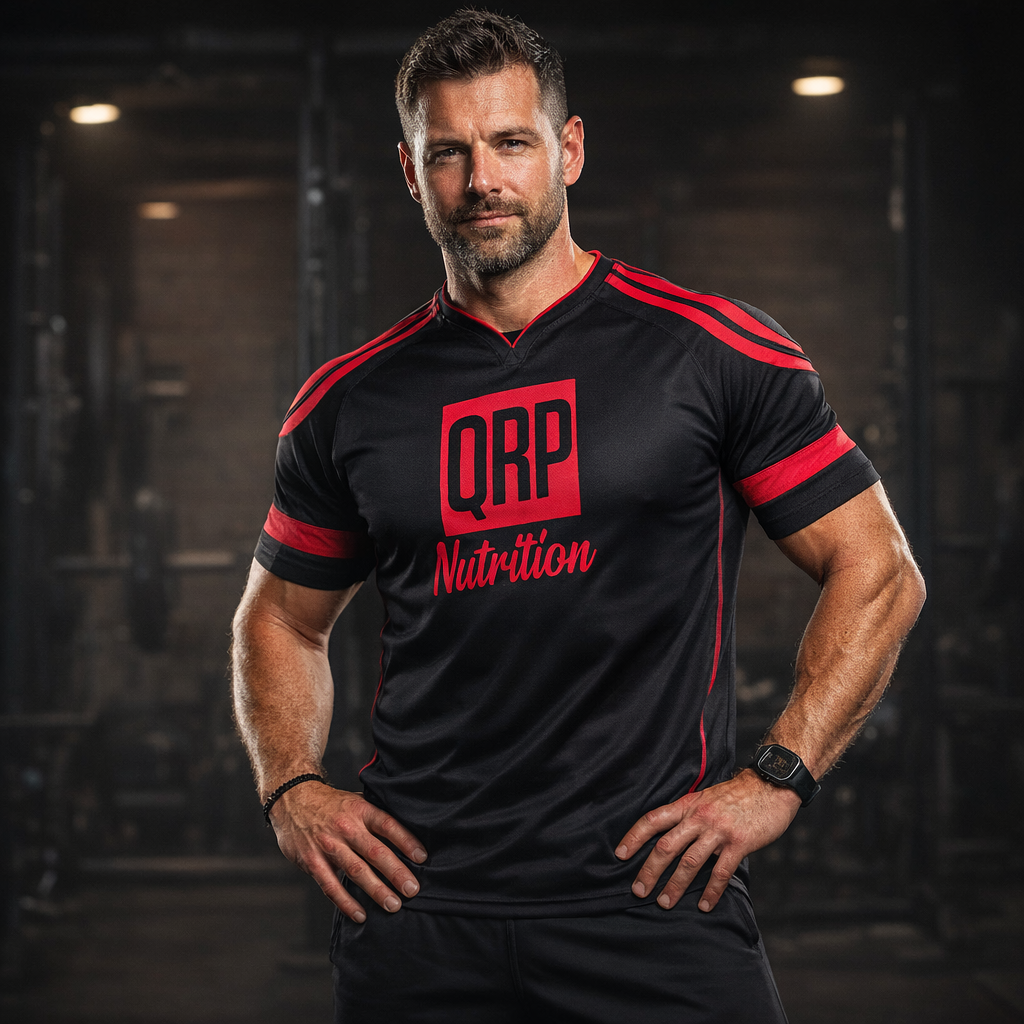 Man wearing a black and red 'QRP Nutrition' shirt in a gym setting