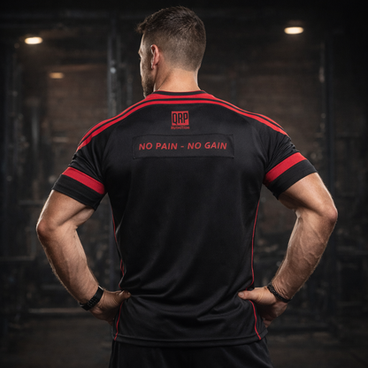 Person wearing a black and red sports shirt with 'No Pain - No Gain' text in a gym setting