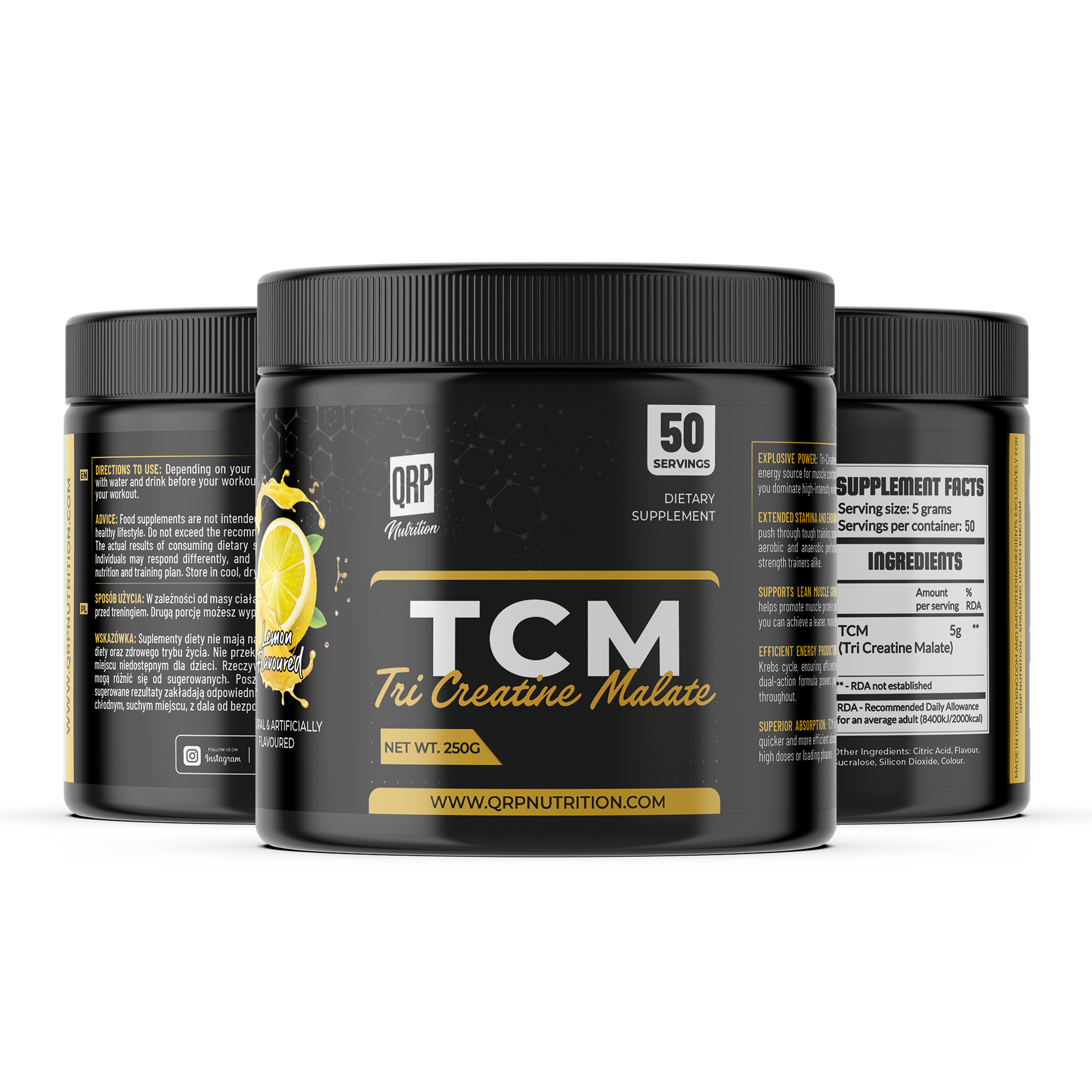 TCM Tri Creative Malate supplement container with QRPNutrition branding on a white background