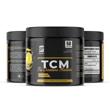 TCM Tri Creative Malate supplement container with QRPNutrition branding on a white background