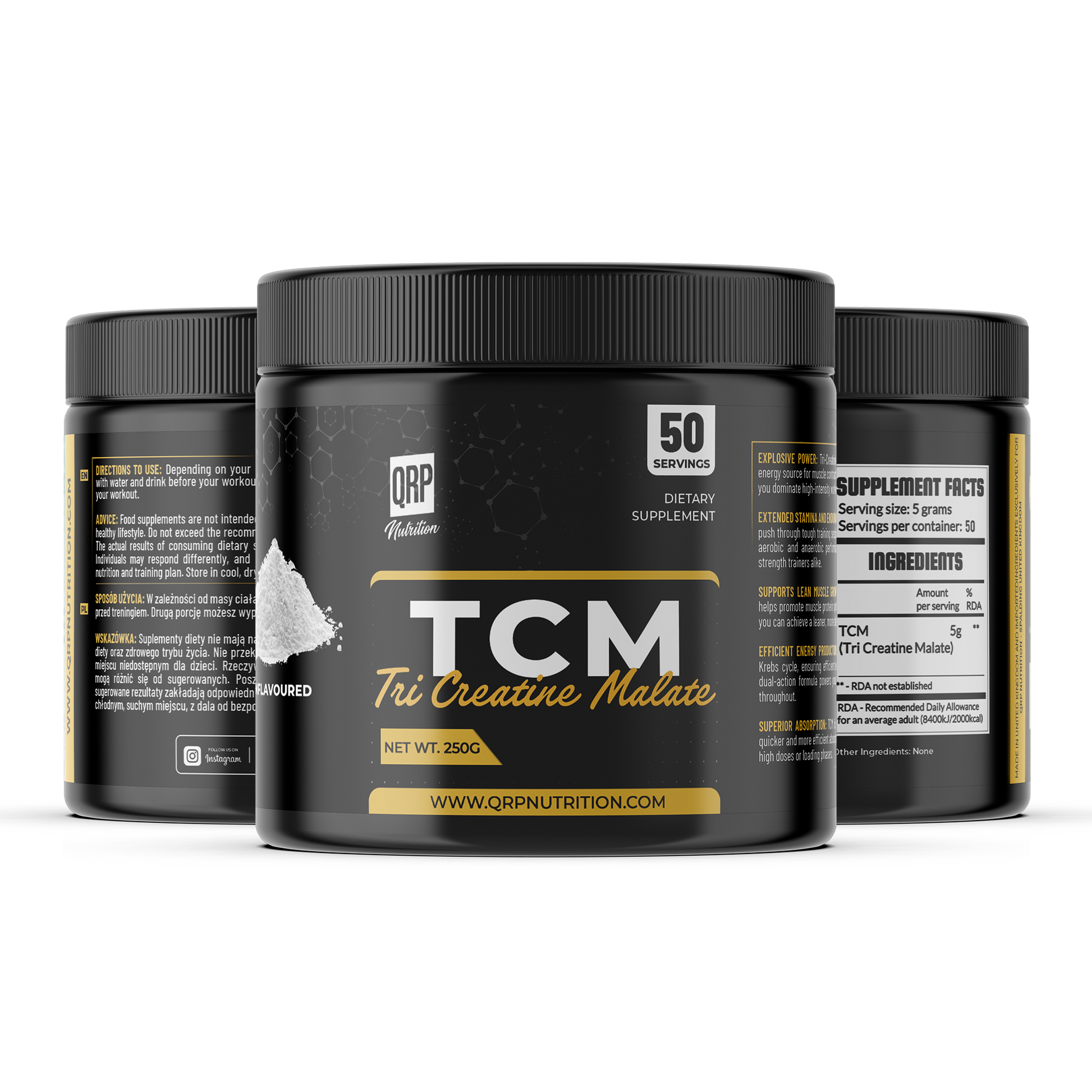 Three containers of TCM Tri Creative Malate supplement on a white background