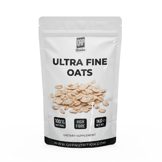A package of QRP Nutrition Ultra Fine Oats, displaying the product and its name, with a visual representation of the oats in the foreground.