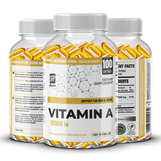 Three bottles of vitamin A supplements on a white background