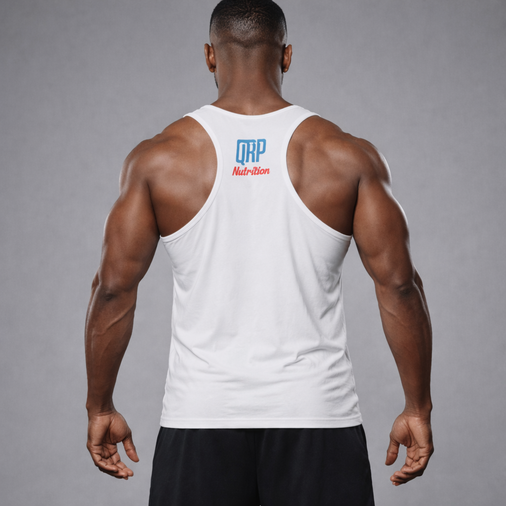 Person wearing a white tank top with a brand logo on the back against a gray background