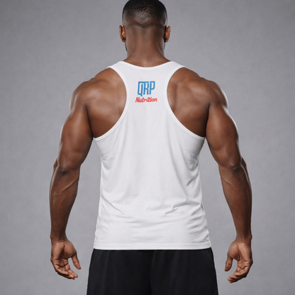 Person wearing a white tank top with a brand logo on the back against a gray background