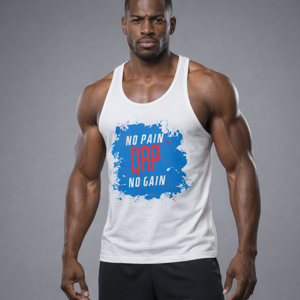 Muscular man wearing a tank top with 'No Pain, No Gain' text on a gray background