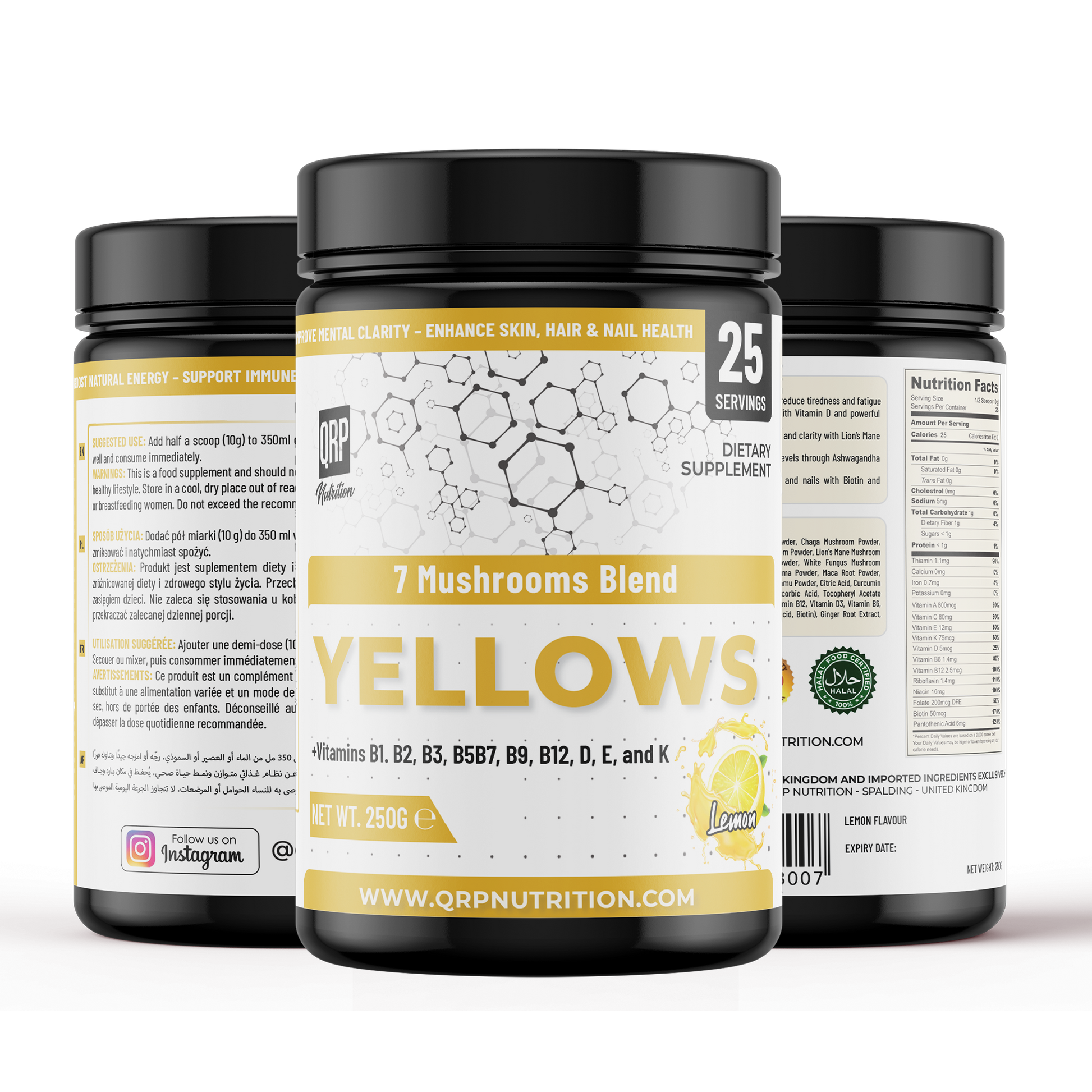 Three bottles of Yellows 7 Mushrooms Blend supplement on a white background