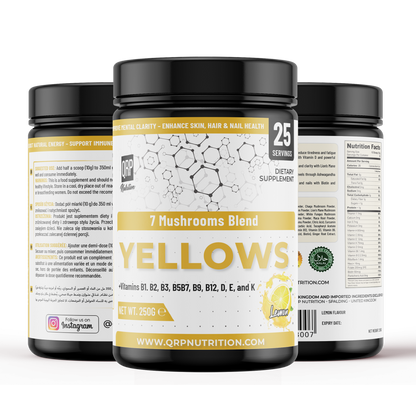 Three bottles of Yellows 7 Mushrooms Blend supplement on a white background