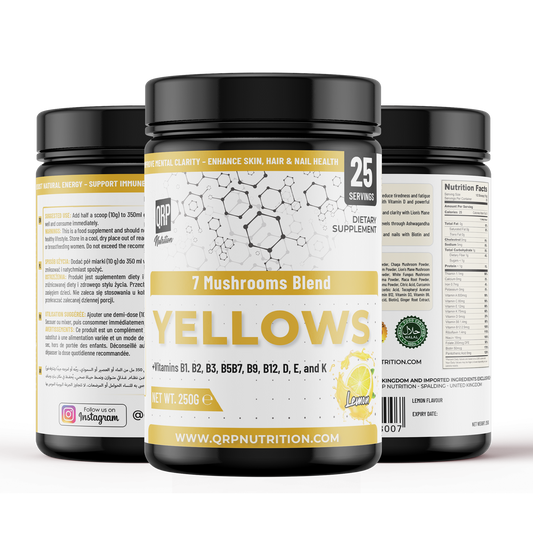 Three bottles of Yellows 7 Mushrooms Blend supplement on a white background