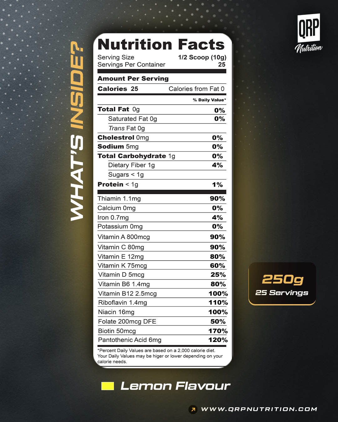 Nutrition facts label for a supplement with QRP Nutrition branding on a dark background.