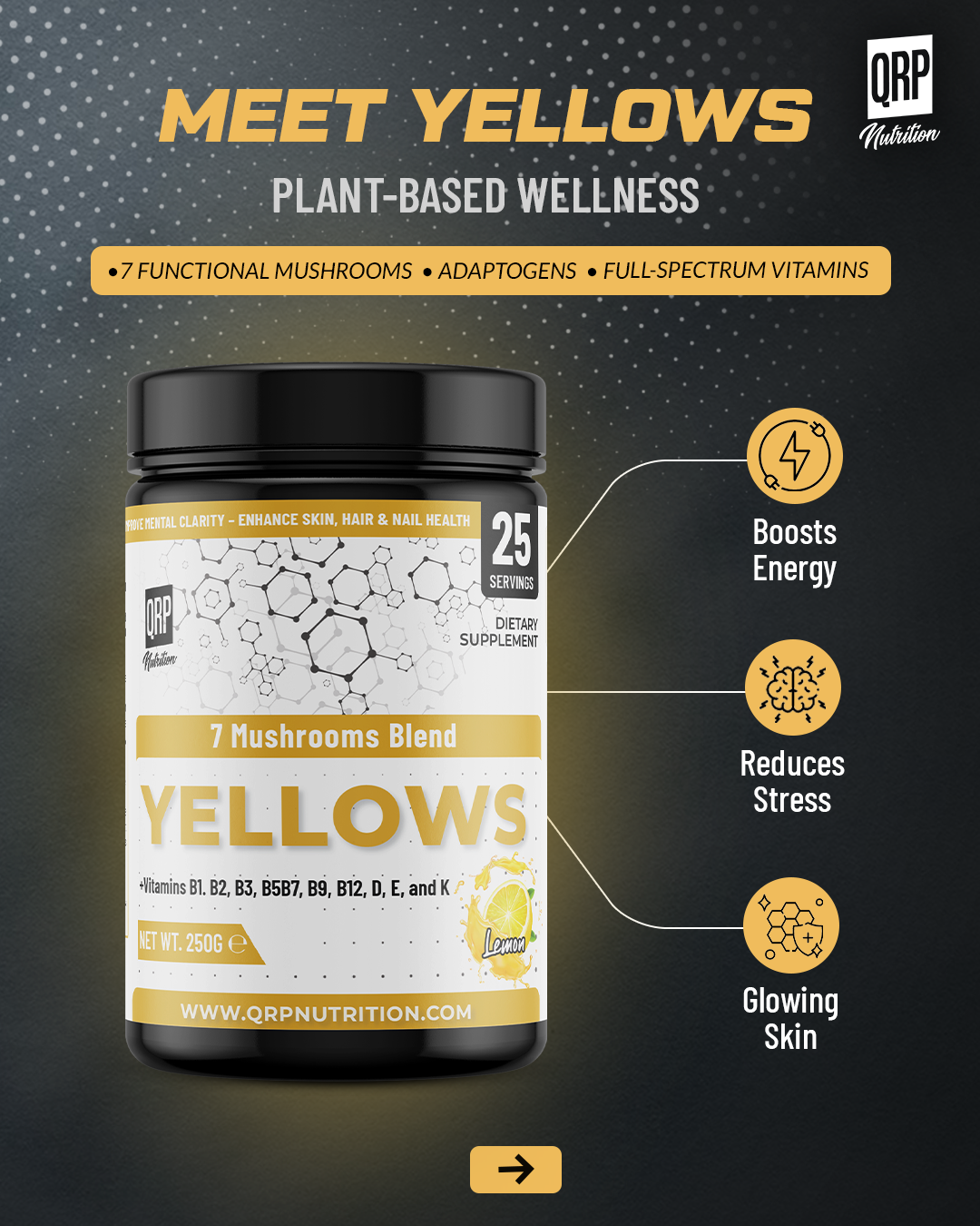 Supplement bottle labeled 'Yellows' by QRP Nutrition on a dark background