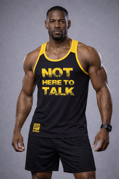 qrp nutrition muscular man wearing black and yellow gym vest NOT HERE TO TALK front