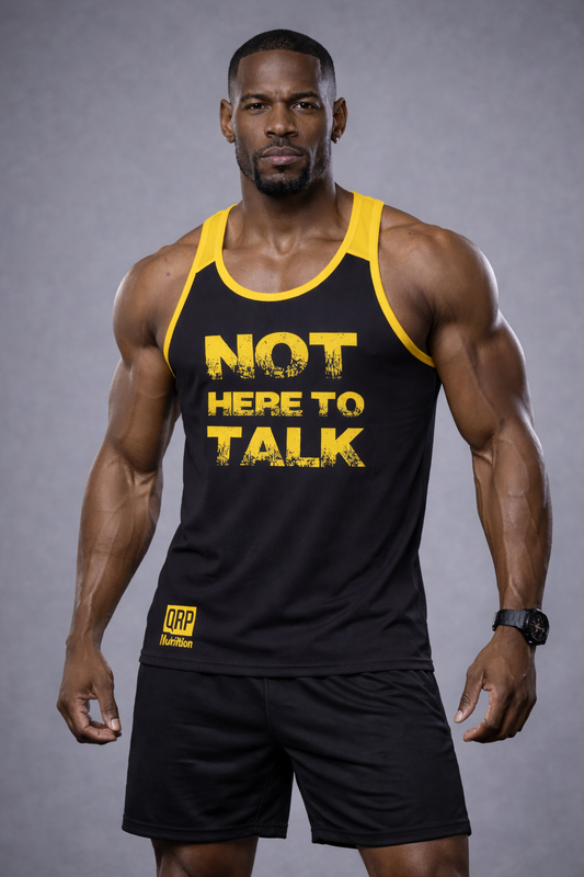 qrp nutrition muscular man wearing black and yellow gym vest NOT HERE TO TALK front